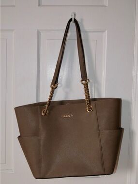 Calvin Klein Taupe Saffiano Tote with Gold Chain Straps